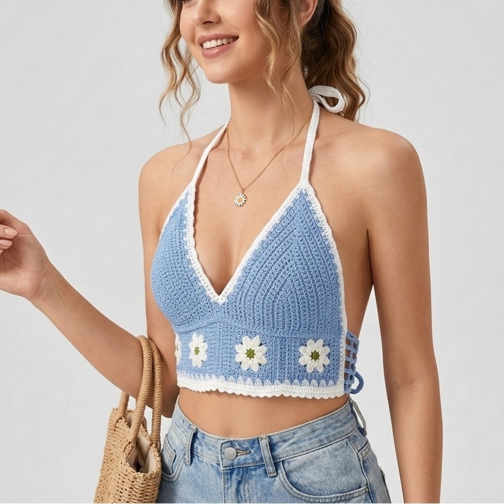 Daisy Dreamer Blue Crochet Halter Top Boho Festival Bralette Small Hippie Gypsy